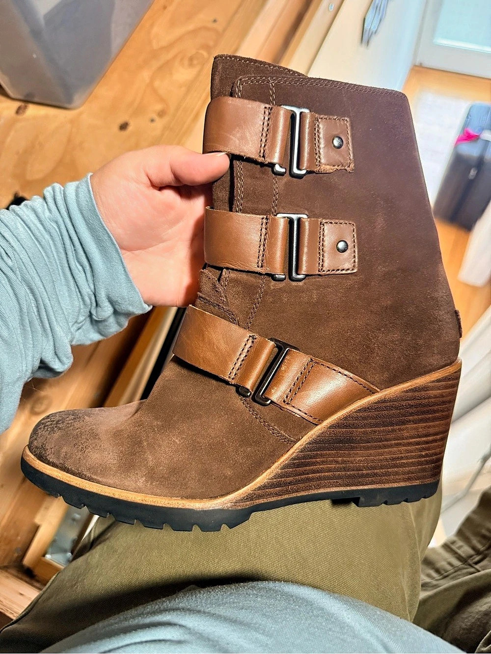Sorel Medina III Dark Brown Suede Triple Buckle Wedge Ankle Boots